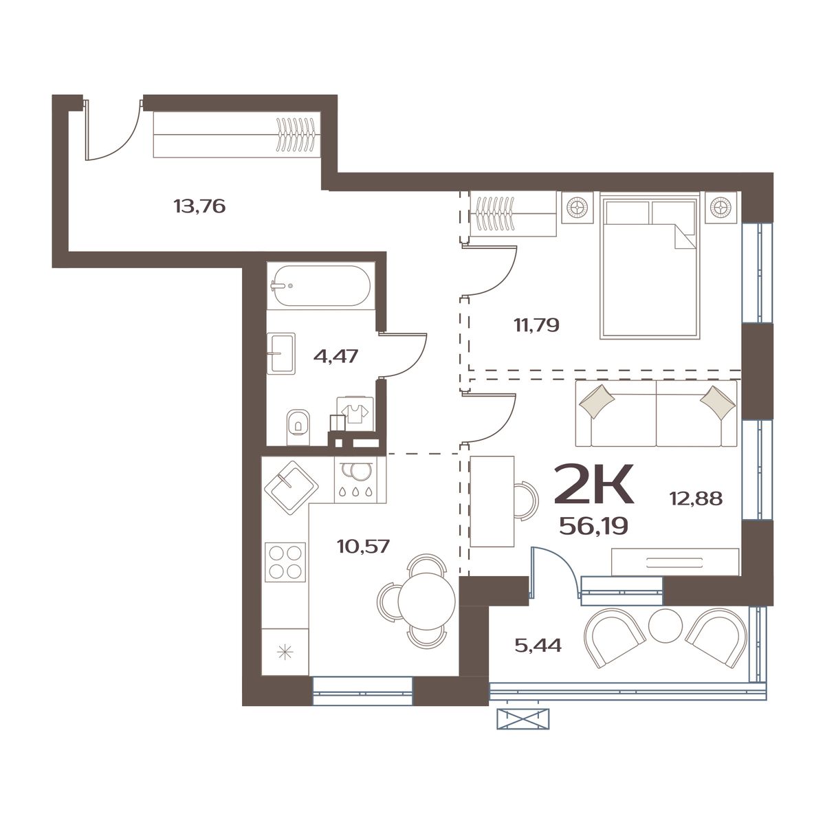 ЖК Меридианы Улисса, 2-комн кв 56,19 м2, за 7 253 000 ₽, 1 этаж